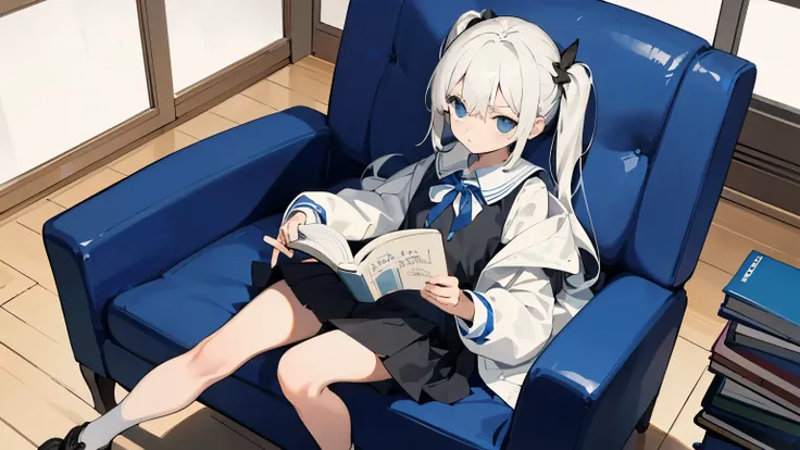 (masterpiece, highest quality) Medium Shot, detailed, One girl, whole body, Dead Eyes, cold, Serious face,mini skirt,Reading a book