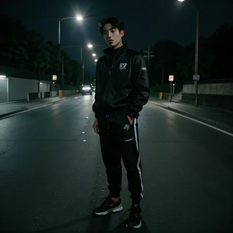 90s flash photos, Empty roads, Handsome Korean young man,in black sportswear, serious face, In front of the camera, best quality, Masterpiece, raw photos, Film Photos,nighttime