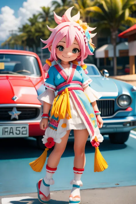 octane render、(hyper-detailing: 1.15)、(soft light、sharp: 1.2)、morning、 posing in front of colorful ev in parking lot near beach,...