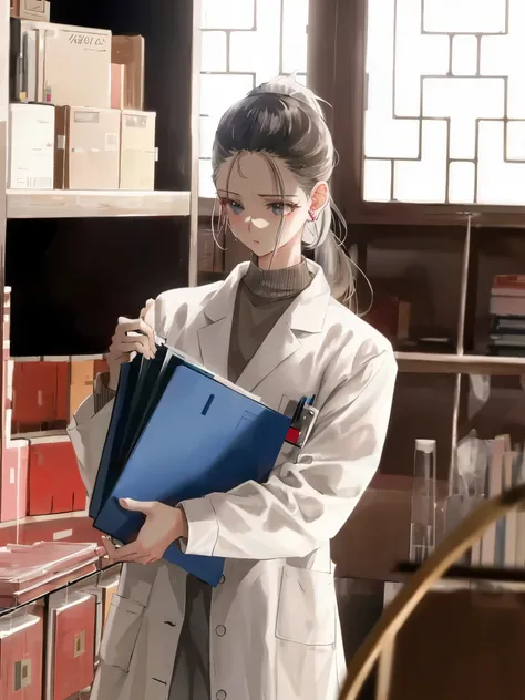 (ponytail forehead hair pulled back:1.3), arafed woman in lab coat holding a folder in a library, wearing lab coat and a blouse, bae suzy, doctor, with a lab coat, (doctor), wearing a labcoat, wearing lab coat, medical doctor, wearing a white lab coat, son...