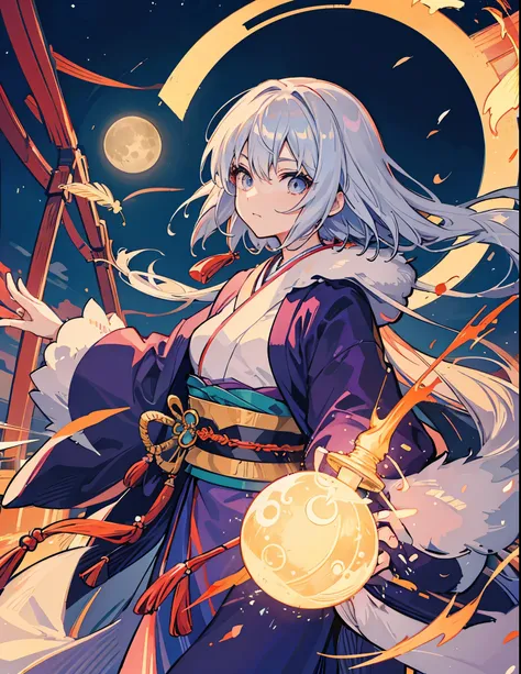 woman, kimono, Feather coat, Fantastic night moon, The strongest swordsman, Strong feeling, aura, Old-fashioned