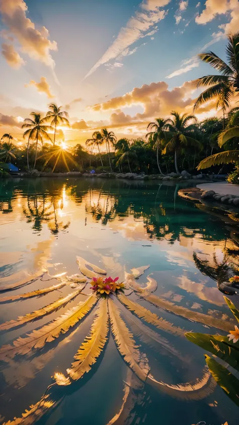 A vibrant tropical landscape with a stunning sunset, palm trees swaying gently, crystal-clear water reflecting the golden hues, and exotic flowers in full bloom.