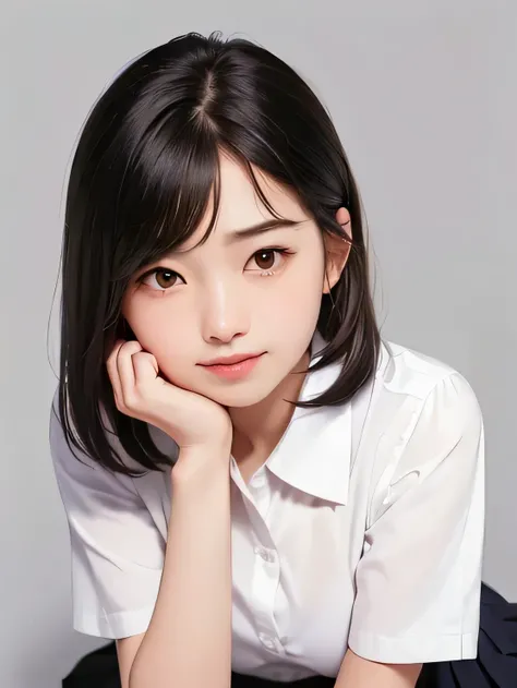 ((vivid, Realistic: 1.5), No background: 1.0, Portrait of a beautiful 17 year old Japanese girl: 1.2, Light Gray Background: 1.1, Breast augmentation: 1.2, cute: 1.0,Follow me please (On all fours, looking at the camera): 1.2,((School uniform、White short-s...