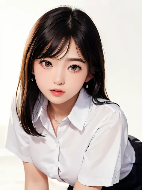 ((vivid, Realistic: 1.5), No background: 1.0, Portrait of a beautiful 17 year old Japanese girl: 1.2, Light Gray Background: 1.1, Breast augmentation: 1.2, cute: 1.0,Follow me please (On all fours, looking at the camera): 1.2,((School uniform、White short-s...