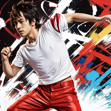 An anime-style illustration resembling Japanese digital painting, depicts a man with white t-shirt and a red pant in various dancing poses. The strokes capture the dynamic movements of hip-hop dance, adding a sense of energy and fluidity to the artwork