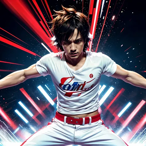 An anime-style illustration resembling Japanese digital painting, depicts a man with white t-shirt and a red pant in various dancing poses. The strokes capture the dynamic movements of hip-hop dance, adding a sense of energy and fluidity to the artwork