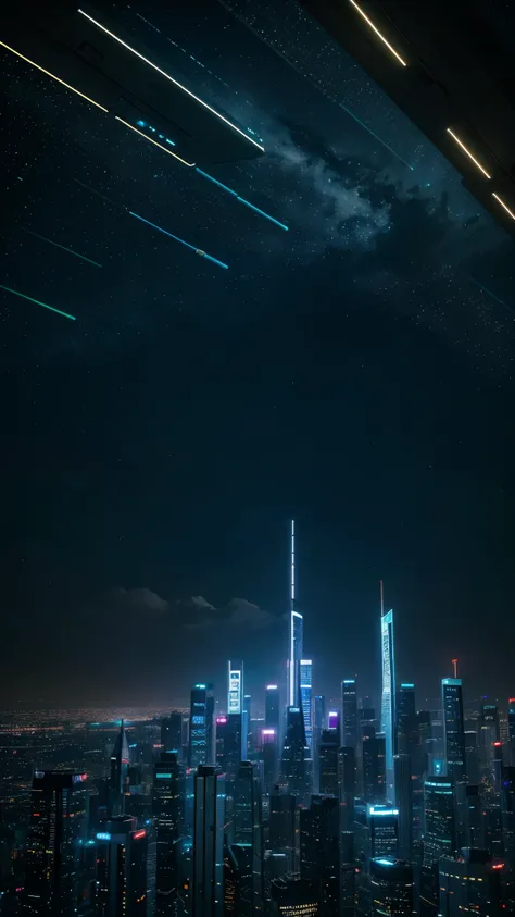 A futuristic city with neon lights, towering skyscrapers, flying cars, and bustling streets, all set under a starry night sky with a slight neon haze.

