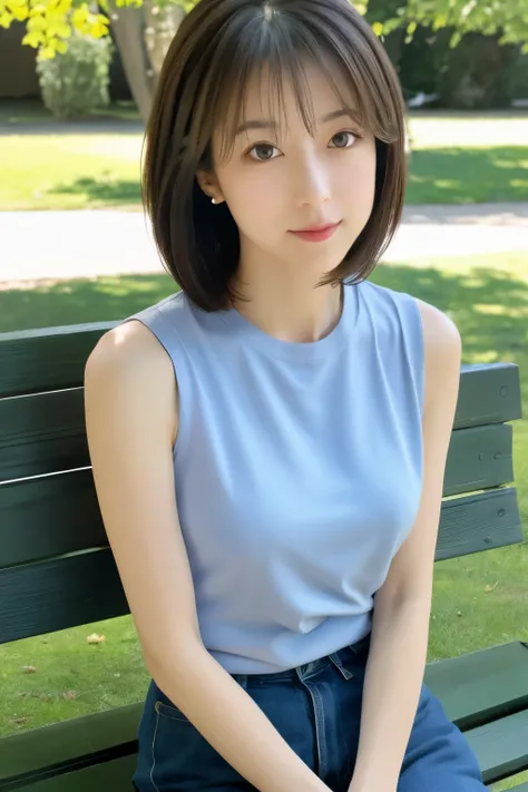 highest quality, High resolution, 8k, masterpiece, Best Photos, Skinny Japanese woman, 1 person, Fine and beautiful eyes, Very detailed, Detailed face, Photo from the waist up, On a park bench, Sit upright, facing forward, (short hair), (Straight hair), A ...