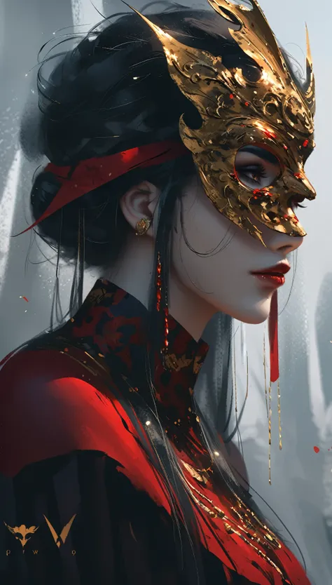 a couple of anime characters standing next to each other, a character portrait, inspired by Ryūkōsai Jokei, pixiv contest winner, fantasy art, ornate mask and fabrics, wlop and artgerm, ruler of the demons, kumadori makeup.