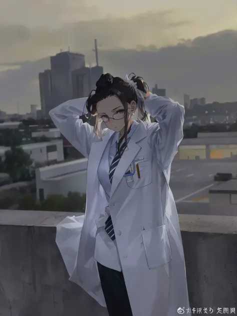 (ponytail forehead hair pulled back:1.3), arafed woman in a white coat and tie standing on a ledge, wearing lab coat and a blouse, with a lab coat, wearing lab coat, wearing a lab coat, white coat, wearing a white lab coat, wearing lab coat and glasses, we...