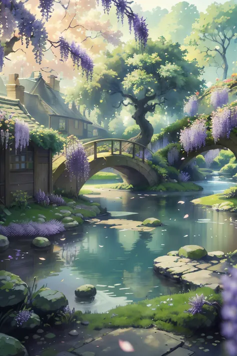 The original，（Implications：1.1），（Best quality），（masterpiece：1.1），（Extremely detailed CG Unity 8K wallpaper），（One color：1.2），Wisteria tree，Wisteria flower petals，landscape，