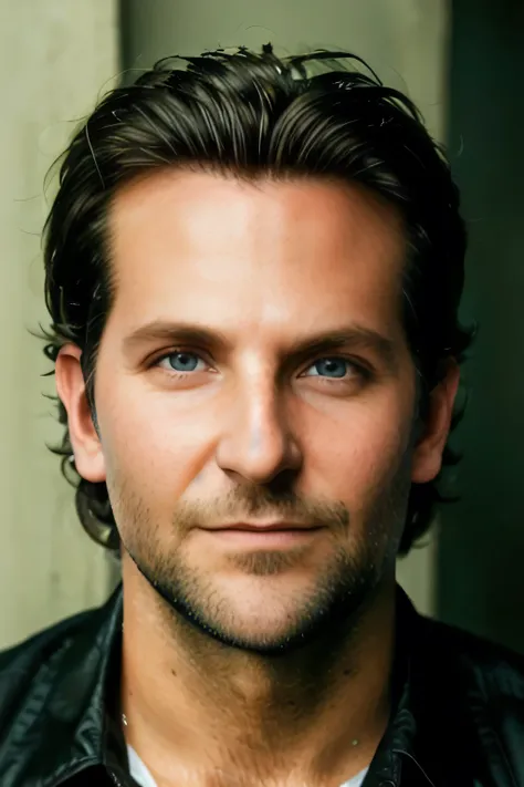 frontal simetric portrait, masterpiece, dslr photo, analog style, nikon d5, real photo, a photo of bradley cooper shaved, dramat...