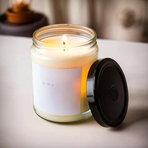 small candle in a jar with white label and black lid, standing on a table with cosy boho bedroom in defocused background, daylight, professional photography, a7s 50mm macro lens