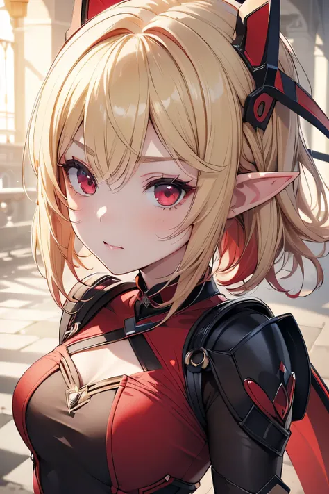 absurdres, (8k, RAW photo, best quality), masterpiece, hyper detailed, perfection, best quality, photo-realistic, (((1girl:1.2))), (((blond girl))), (((solo:1.2))), elf, elf ears, (((blond shortcut hair))), (((burgundy ends of hair))), (((scarlet red eyes)...