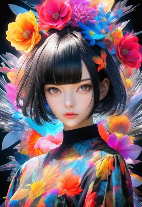 multiple exposure, raw photo:1.2, masterpiece, highest quality, 16k, unbelievably absurd, very detailed, perfect beauty, Colorful and gorgeous flowers fill the screen, beautiful cute girl, in a beautiful posing, jet black hair, modern sauvage bob hair, thr...