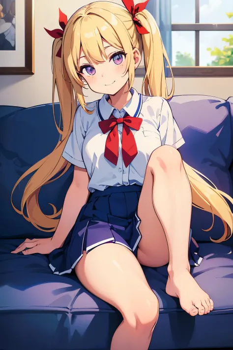 Junior high school girl　14 years old　A Cup　Gal　Blonde　Long twin tails　Red ribbon at twin tails　Purple eyes　smile　1 person　White blouse　Navy blue tie　Navy blue mini skirt　White with light blue horizontal stripes　barefoot　Sitting on the sofa　Dynamic Angle　Lo...