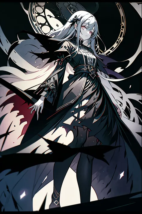 Very long gray hair、Dark eyes、Expressionless、Floating girl、Gothic clothing，(Cool illustration:1.5)、（whole body：1.6），transparent feet、Black and white background　，Redraw Surface，Poker face， There is a big clock behind，The ruined temple，Perish，The End，fantasy...