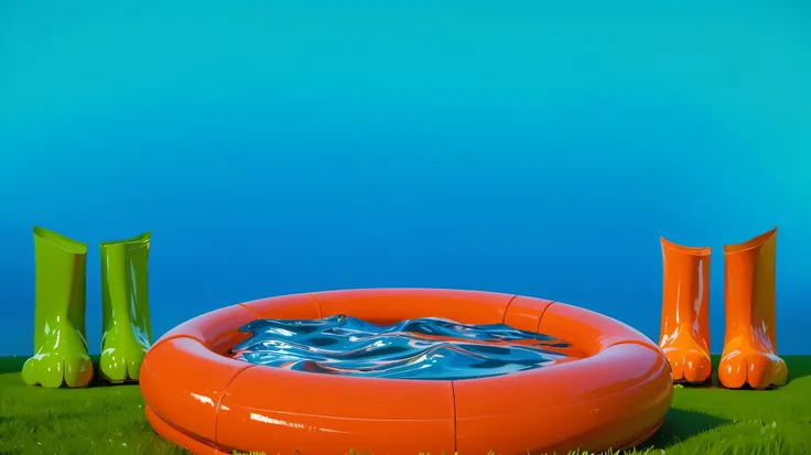 An inflatable swimming pool on a lawn, surrounded by green and orange boots. The image depicts two large orange glossy feet with five toes each, standing on a blue surface. The feet have a unique design, with the big toe pointing inwards. The skin on the f...