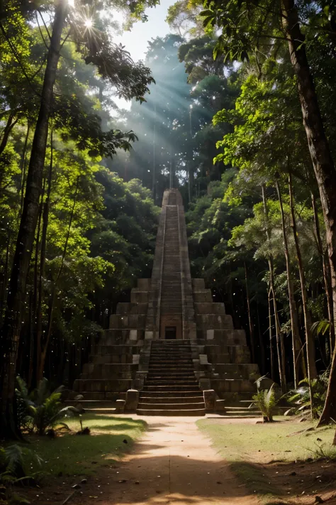 El Dourado, The lost city seen among the trees of a dense forest, uma grande piramide dourada brilhando com a luz do sol, fotografia realista.