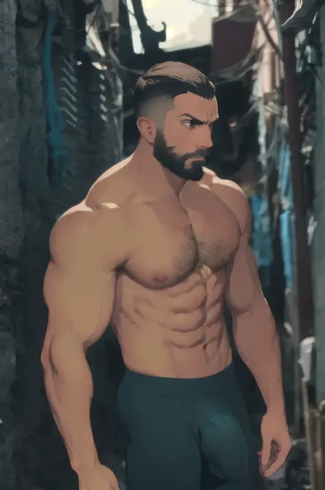 mid_shot, attractive bearded man, defined muscles, alley, orange black blue, (sad), (atmosphere), coherent, continuity, epic, sharp lines, short hair,high contrast, hairy chest, sexy, brasilian, bulge