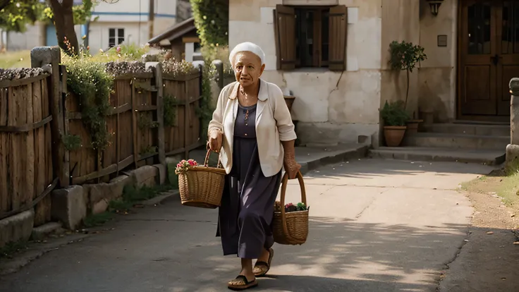 an old woman carrying a basket in the village in the morning