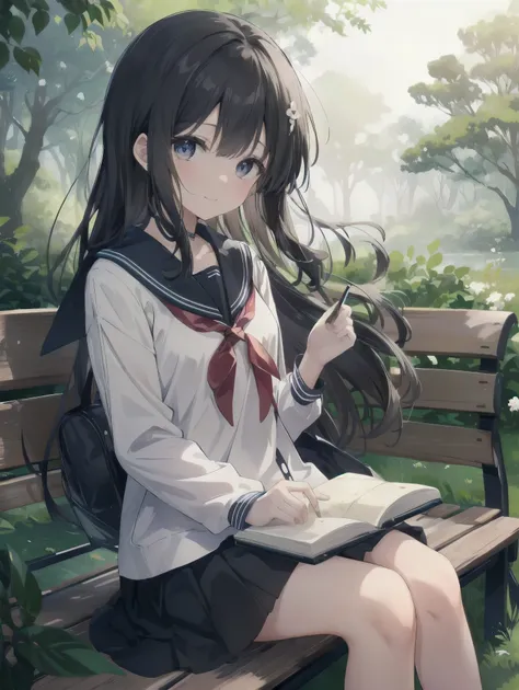 Subtitle: {{Park}} {{Sailor Suit}} {{Sitting on a bench looking at a map}}

In a lush green park, a beautiful girl, Saori, is sitting on a bench with the sun shining through the trees, wearing a sailor suit.Her clear eyes are sunken in deep contemplation, ...