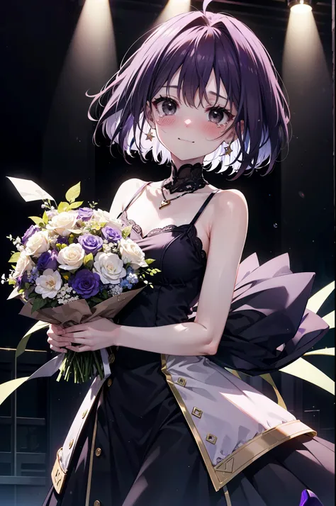 yuukikonno, Yuki Konno,Purple Hair,Short Hair,Bob Hair ,Ahoge,Green headband,(Black eyes:1.5), (Small breasts:1.2), smile,Purple Dress,Purple long skirt,purple stiletto heels,Sleeveless,Expose your shoulders,Bare arms,Bare neck,bare clavicle,She is holding...