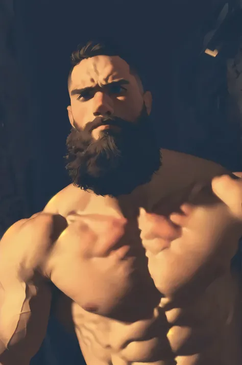 mid_shot, attractive bearded man, defined muscles, alley, orange black blue, (sad), (atmosphere), coherent, continuity, epic, sharp lines, short hair,high contrast, hairy chest, sexy, brasilian,realistic bulge, squating