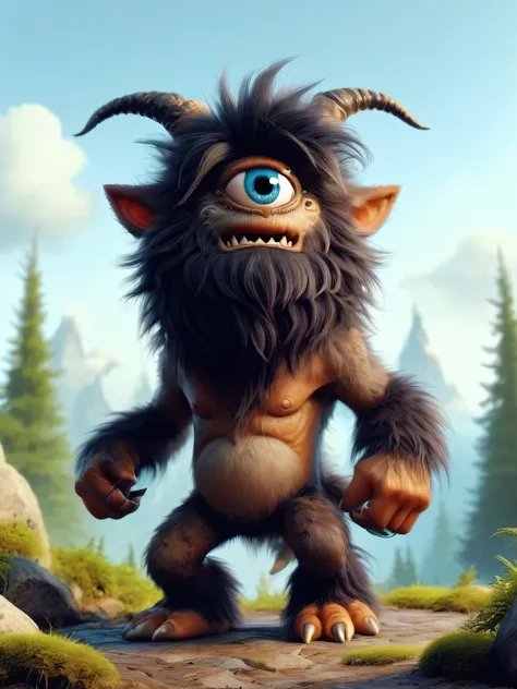 cute monster spinning, furry skin, black fur tufts,2 arms, 6 teeth, sticking tongue out, drawing, illustration, cyclops