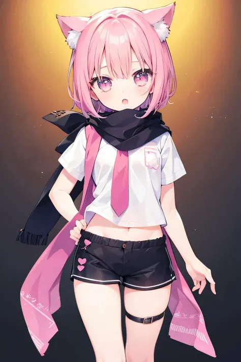 Very beautiful and Shining Eyes、Shining Eyes、1 girl、Small breasts、Big Mouth、high school girl、Small breasts、Cat ear、Transparent pink short hair、scarf、hot pants、Transparent clothes、Childish clothes、7-year-old girl