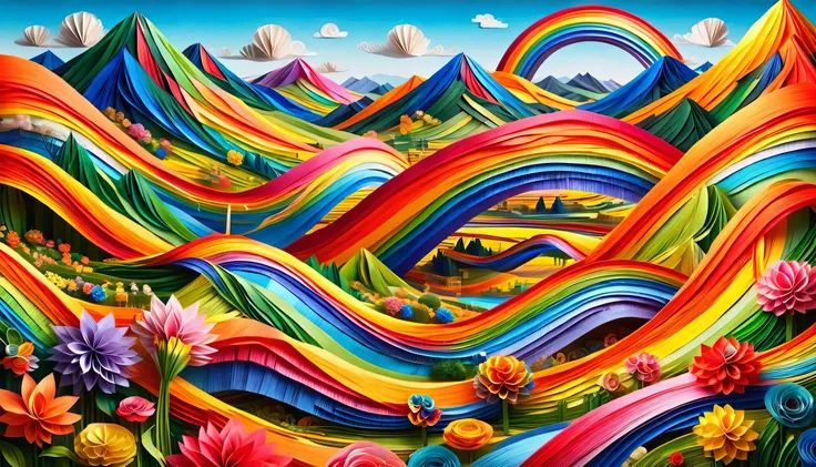 beautiful scenery, valley, flower, hills, xiaoyun, rainbow, ral-paperstreamer, illustration (masterpiece:1.2), best quality, (ul...