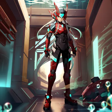 megzeromyth2023, 1boy, long white hair, red armor, green energy sword, high quality, masterpiece, standing in an underwater city...