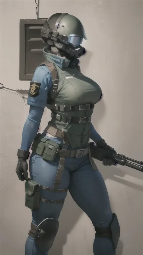 combine soldier, 1girl, solo, standing, helmet, gloves, looking at viewer, facing viewer, military, science fiction, jumpsuit, bulletproof vest, breasts, wide hips, skintight, combat boots, coat around waist, mechanic girl, holster, chest rig, ammo pouches...