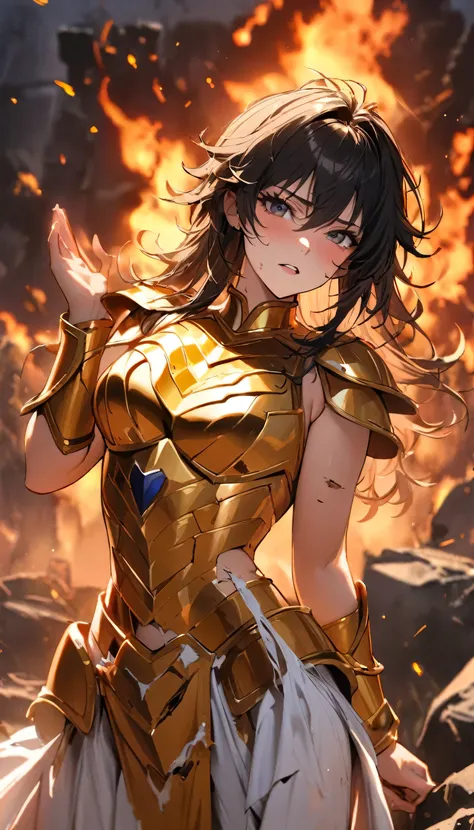 (masterpiece), (highest quality), (1 girl), girl in golden armor, cool pose, battlefield background, fire background, saint seiy...