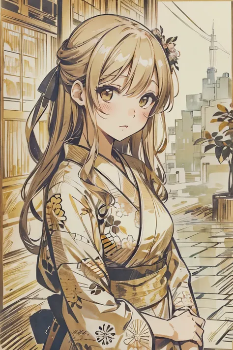 yukata beautiful girl illustration style sepia color