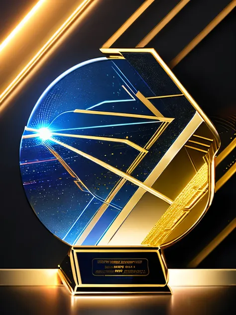 beautiful glorious (gold colored circuit) (digital trophy:2.0) floating at cyber space,(word "seaart" on the trophy) break ,back...