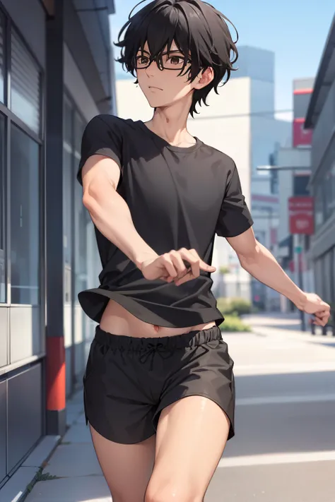 masterpiece, best quality, wallpaper,Running,1boy, solo, depth of field, momo_sakaki, black hair, brown eyes, hair between eyes, black shirt, Short sleeves shirt,black shorts, glasses, 16k resolution