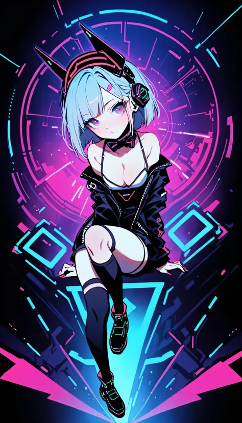 One girl, cyber punk, (whole body:1.1), Knee socks, Cleavage, Perfect Eyes, Perfect Face, Kuvshinov, Cyberpunk City,neon