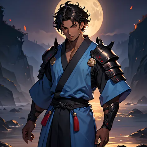 black short hair, dark skin male, curly hair, bright brown eyes, eye reflection, samurai armor and dark blue yukata, teenager, p...