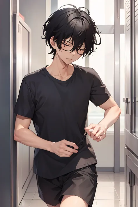 masterpiece, best quality, wallpaper,Running,1boy, solo, depth of field, momo_sakaki, black hair, closed eyes, hair between eyes, black shirt, Short sleeves shirt,black shorts, glasses, 16k resolution