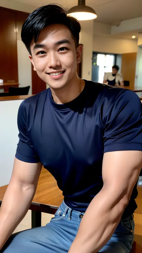 1 man in the middle of the picture, smile, (Wear a dark navy round neck shirt., short sleeve shirt ยี่ห้อ under armor), (jeans), (Korean people) , korean men, (Realistic lighting), looking at the audience, Balancing eye contact), in the coffee shop, cafe