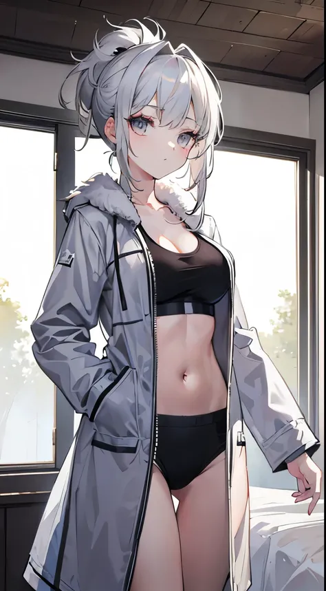 Highest quality,Girl,Silver Hair,Short Hair,ponytail,Grey Eyes,Bedroom,coat,Sports Bra,underwear,fur