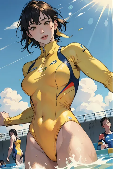 masterpiece、highest quality、High resolution、Two realistic girls、Competitive swimmer、Close-up of a person、Wearing a yellow bodysuit、During Competitive swimmerics competitions、smile、Swimming Venues、Sexy competitive swimsuit 