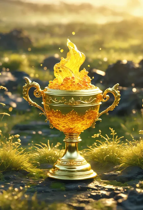 best quality, very good, 16K, ridiculous, Extremely detailed, Lovely(((Gold Trophy:1.3))),Made of translucent boiling lava, Background grassland((A masterpiece full of fantasy elements))), ((best quality)), ((Intricate details))(8k)