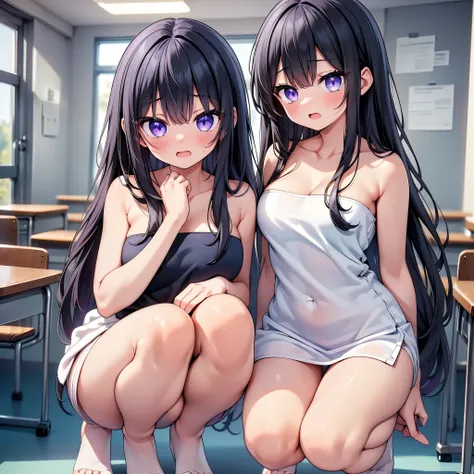 (cute eyes:1.2), (sparkling eyes:1.2), (8K、Best image quality、highest quality、masterpiece)、Detailed face、(2 girls)、Improve、(Black Hair, Purple Eyes, long hair)、(open mouth), (embarrassed), (skinny body:1.1),(medium breasts), (Naked Towel:1.3), (squatting),...