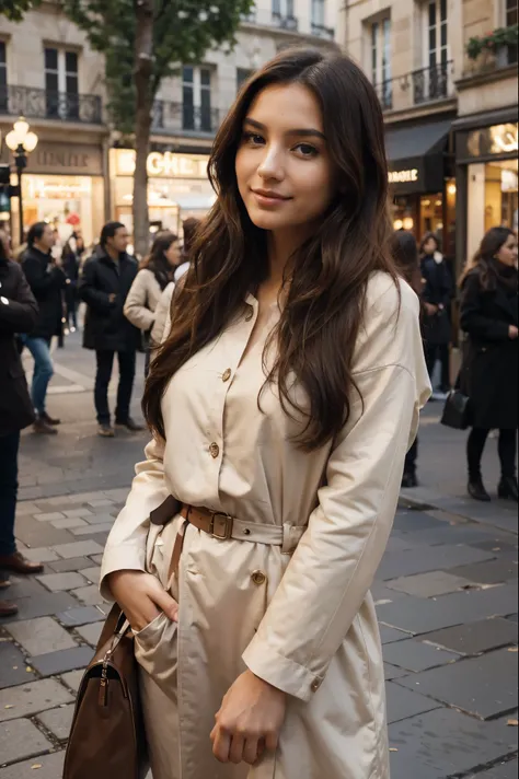 A strikingly beautiful Instagram model, her glossy dark brown locks cascading in elegant waves, enjoying the bustling streets of Paris while photographing sights. This scene is depicted in a photograph that captures the models charm and Parisian allure. Ev...