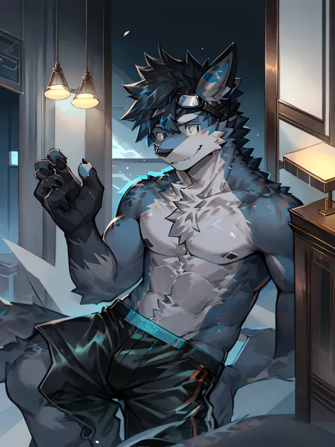 Chinese dragon boy，Gray fur，Topless, mammal, hairy，Gray Eyes，upscale hotel，Blue and black gradient swimming trunks quality，black fingerless gloves，goggles