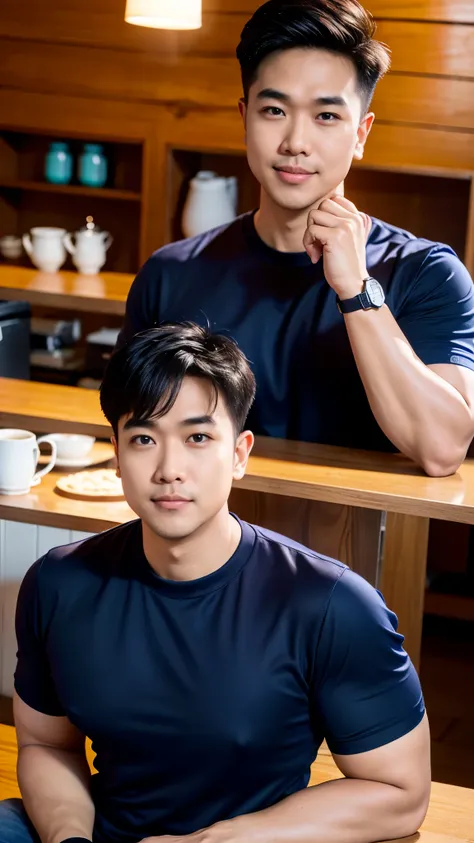 1 man in the middle of the picture, smile, (Wear a dark navy round neck shirt., short sleeve shirt ยี่ห้อ under armor), (jeans), (Korean people) , korean men, (Realistic lighting), looking at the audience, Balancing eye contact), in the coffee shop, cafe