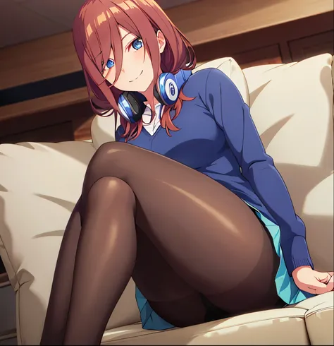 1 girl, alone, Miku nakano, medium hair, brown hair, blue eyes, milf, smiling, seductive expression, sexy posture, blue headphones around the neck, beige shirt, long sleeves, turtleneck shirt, navy blue one-piece dress, sundress, black pantyhose, black hee...