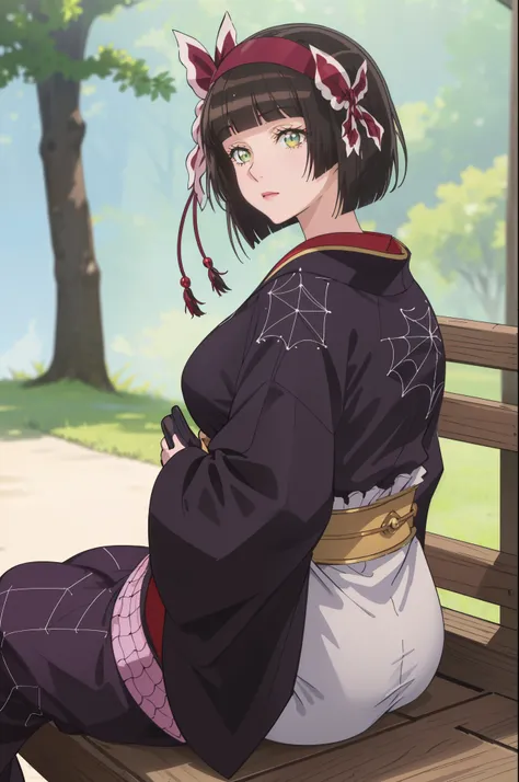 (masterpiece:1.2, best quality), (finely detailed beautiful eyes: 1.2), (extremely detailed CG unity 8k wallpaper, masterpiece, best quality, ultra-detailed),1girl, sitting down on bench, mio, large breasts, hairband, japanese clothes, purple kimono , blac...
